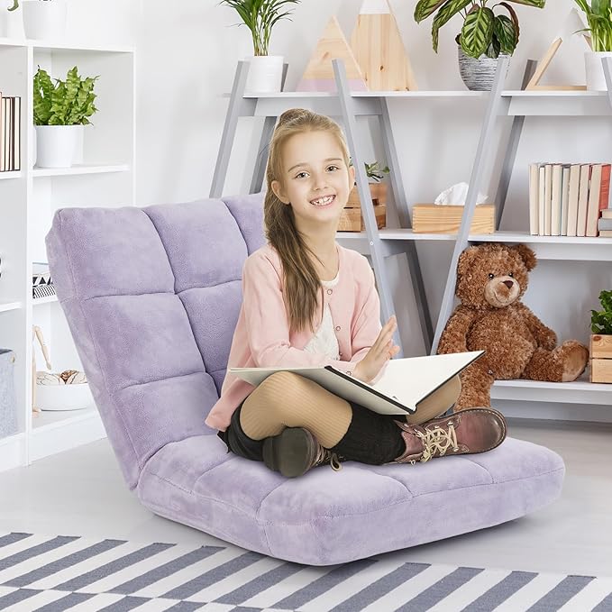 COSTWAY Floor Chair, Video Gaming Chairs with Back Support, Adjustable 14-Position, Alloy Steel Frame, Soft Coral Fleece, Lazy Sofa Lounge for Reading Living Room Recliner for Adults Kids (Lavender)
