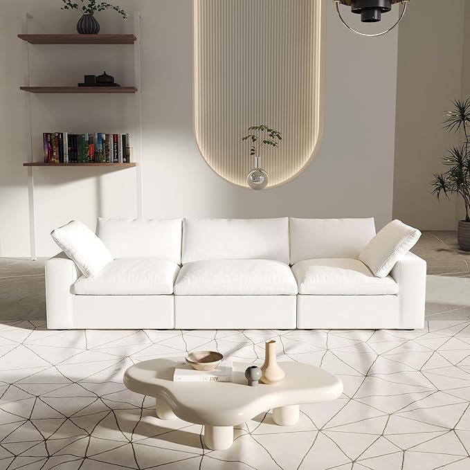 3 Seater Cloud Sectional Couch, White Modular Sectional Sofa, Modern Comfy Sofa, Covers Removable, Convertible Sleeper Couch for Living Room Apartment (Linen Fabric)
