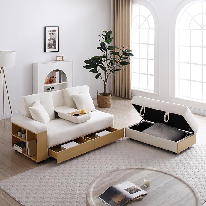 Roockky Convertible Sofa Bed, 85" Folding Sectional Sleeper Sofa with Storage Ottoman, Drawers, Built-in Bookshelves and 2 Cup Holders, Linen (Beige)
