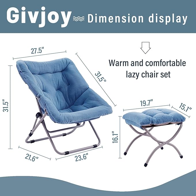 Givjoy Comfy Folded Chair with Ottoman, Oversized Folding Faux Fur Chair Soft Furry Lounge Lazy Chair with Metal Frame Moon Chair Accent Chair for Bedroom, Living Room, Dorm Rooms