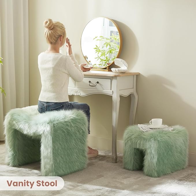 Ottoman Set of 2 Small Footstool Ottoman Vanity Stool Chair Faux Fur Seating Backless Modern Foot Rest Furry for Makeup Room Living Room Bedroom Entryway,Green(2-in-1)