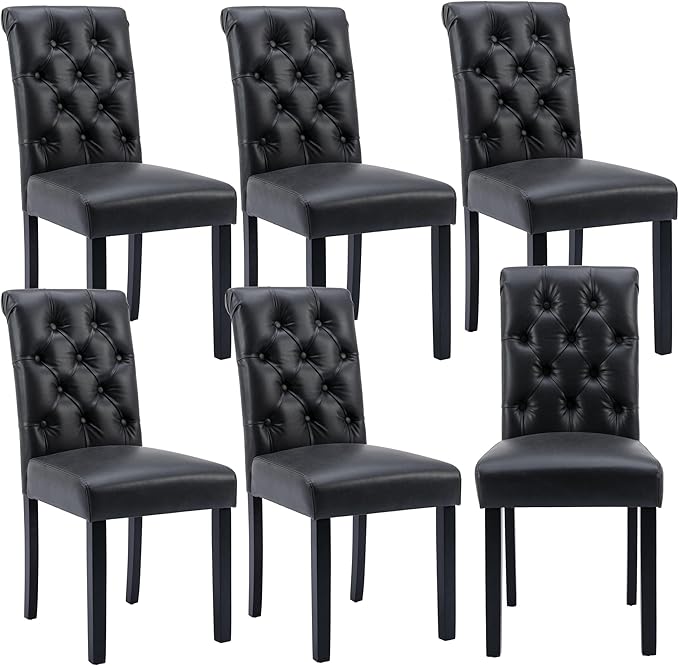 chairus Dining Chairs Set of 6 Mid Century Modern Living Room Chairs with Button Tufted High Back PU Leather Armless Chair Comfy Upholstered Side Chairs for Kitchen/Restaurant/Bedroom, Black