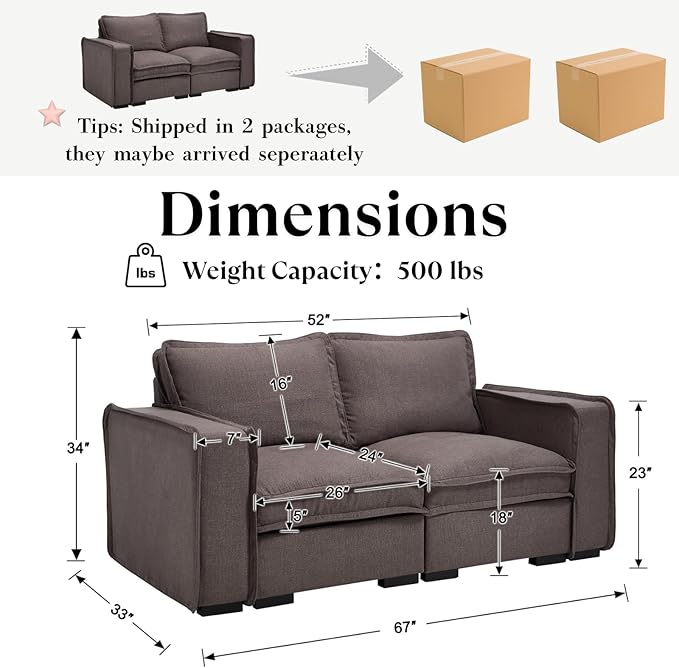 HEAY-YO 67 Inches Modern Modular Sectional Sofa,2-Seater Comfy Couch with High Density Foam and Armrests,Floor Sofa for Living Room Bedroom Apartment,Linen Grey