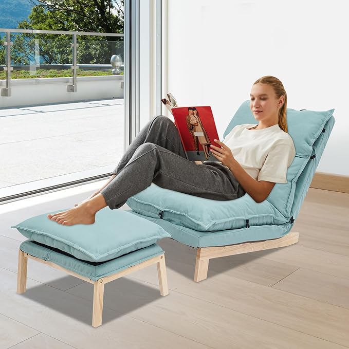 Single Lazy Leisure Chair, Adjustable Recliner Balcony Reclining Japanese Tatami Chair with Ottoman, Floor Seating Lounge Chair with Backrest and Footrest, Upholstered Chair for Living Bedroom (Green)