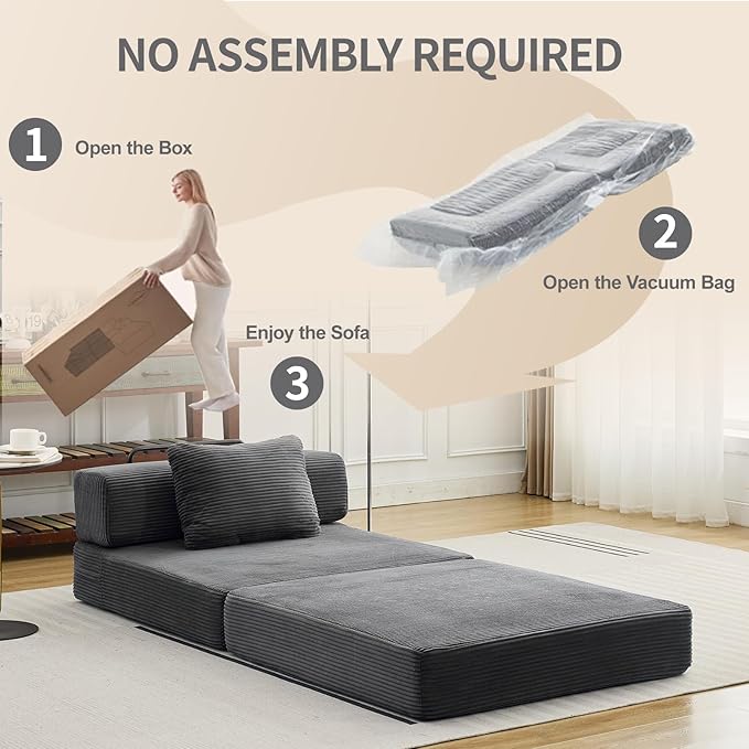 Folding Sofa Bed, Convertible Sleeper Chair with Pillow, Single Sofa with Back Support, Portable Fold Out Chair Cloud Couch Bed, Comfy Floor Sofa Lounge for Living Room Bedroom, Dark Grey