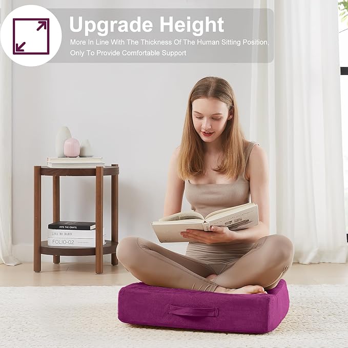 JKMAX 22 inches Floor Pillow for Adults - Large Meditation Cushion with Thick Foam - Premium Outdoor Square Floor Cushion Seat - Yoga Pillow for Sitting On Floor - Purple