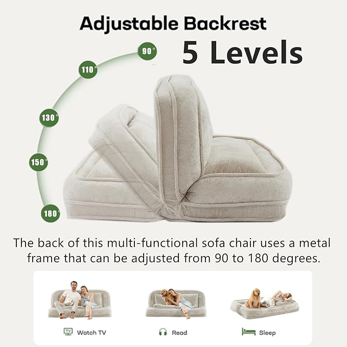 Foldable Lazy Sofa Bed, Chenille Upholstered Human Dog Bed for Adults, 2 in 1 Convertible Floor Sofa with 5 Adjustable Backrest Positions and Soft Cushions for Living Room (Beige)