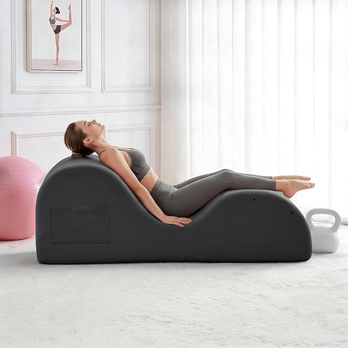 DRMBOOK Yoga Chairs for Adults, Corduroy Fabric Chaise Lounge with Headrest, Boneless Yoga Sofa Couch with Waist Cushion, Movable Footrest, Side Pockets for Relaxation Exercise Stretching (Grey)
