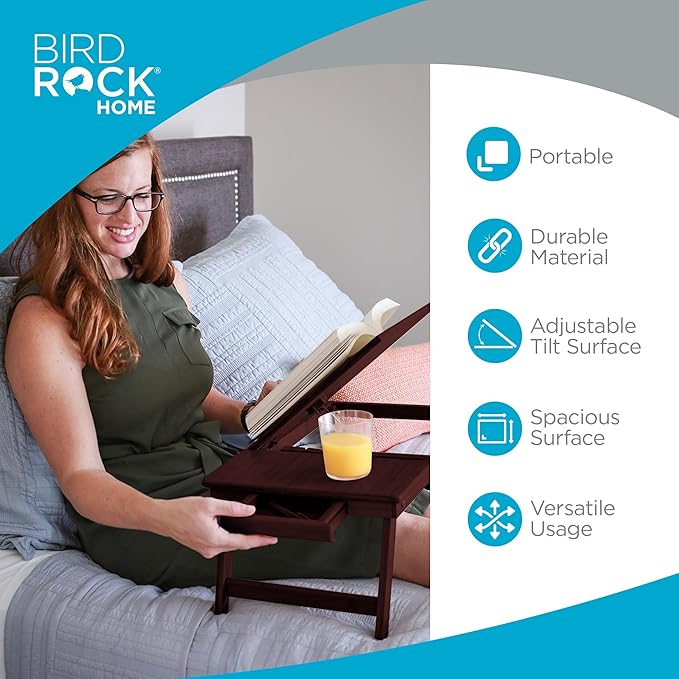 BIRDROCK HOME Bamboo Laptop Bed Tray with Adjustable Tilt Surface | Foldable Legs & Pullout Storage Drawer | Wooden Lap Desk for Work, Reading, or Eating | Fits Laptops Up to 15" | Walnut Finish