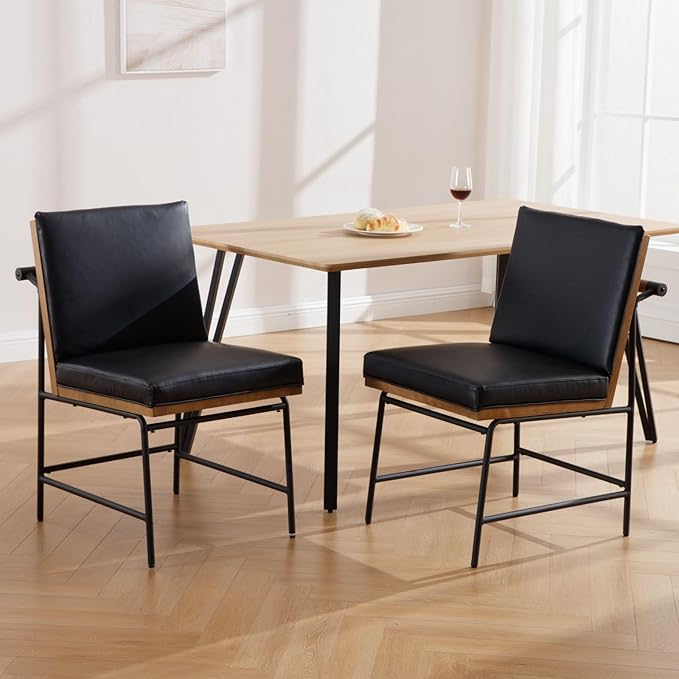 DUOMAY Mid-Century Modern Dining Chairs Set of 2, PU Leather Upholstered Side Chair with Rear Handle, Armless Chair with Metal Legs for Kitchen Dining Room Living Room Vanity, Black