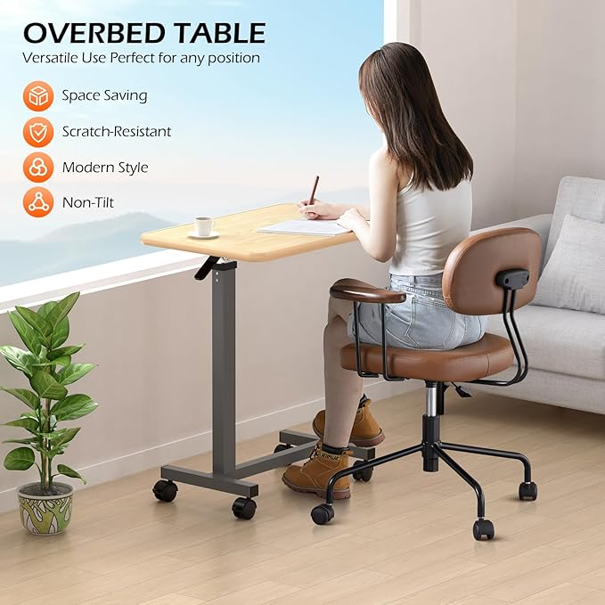 WOTURE Adjustable Overbed Table with Wheels, Bedside Rolling Table, Pneumatic Height Adjustment, Hospital Bed Table on Wheels, Standing Desk, Bedridden & Mobility Needs, Maple