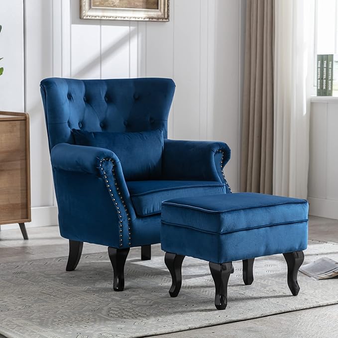 chairus Mid-Century Modern Accent Chair with Ottoman, Comfy Velvet Single Sofa Chair Button Tufted Wingback Armchair with Pillow for Living Room/Bedroom/Club - Blue