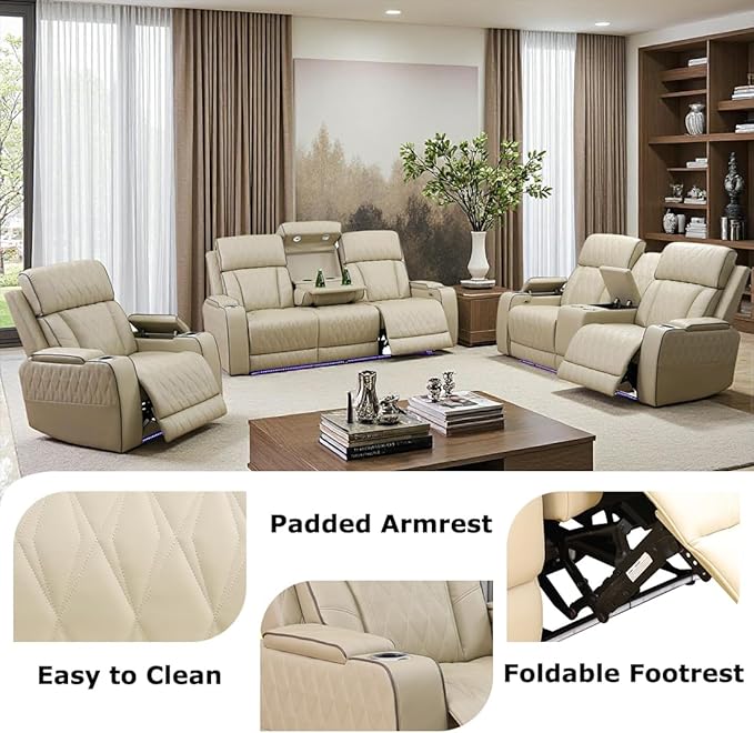Toseslo Power Recliner Sofa Set with Drop-Down Table, 3-Piece Leather Reclining Sofa Sectional Couches, Living Room Furniture Sets, Reclining Sofa with Cup Holders/Storage Console for House(Beige)