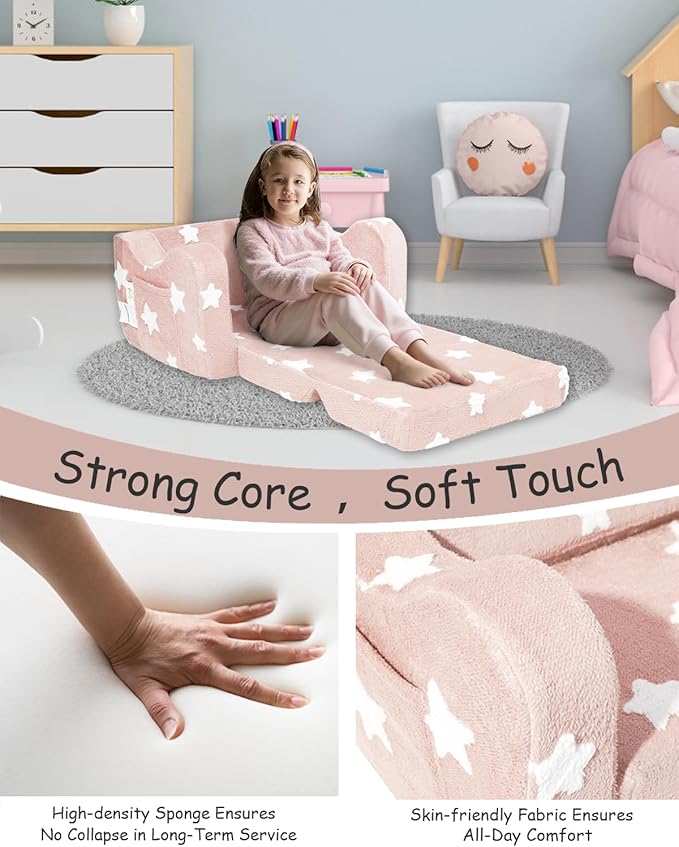 Toddler Couch, Kids Couch for Toddler Fold Out, 2-in-1 Convertible Kid Sofa to Lounger Bed for Girls and Boys, Ideal for Reading Sleeping Gaming Decor (Pink)