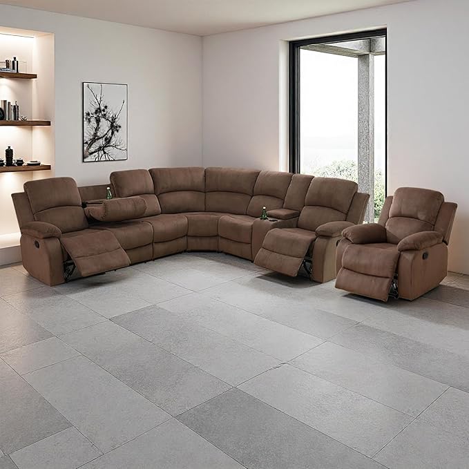 SIENWIEY Manual Recliner Sectional Sofa for Living Room,L Shaped Reclining Sectional Corner Couch with Chair,Brown Fabric Recliner Sofa Set with Storage Console/Drop Down Coffee Table/Cup Holders