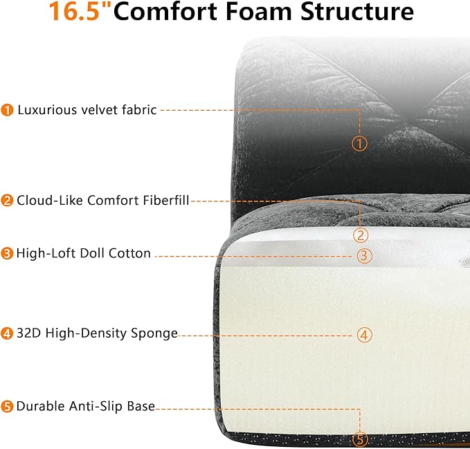 Modular Sectional Sofa with Free Combination,Boneless Floor Couch for Small Spaces, Living Room & Lounge,Velvet 2-Seater Sectional Couch with 2 Ottomans,No Assembly Needed