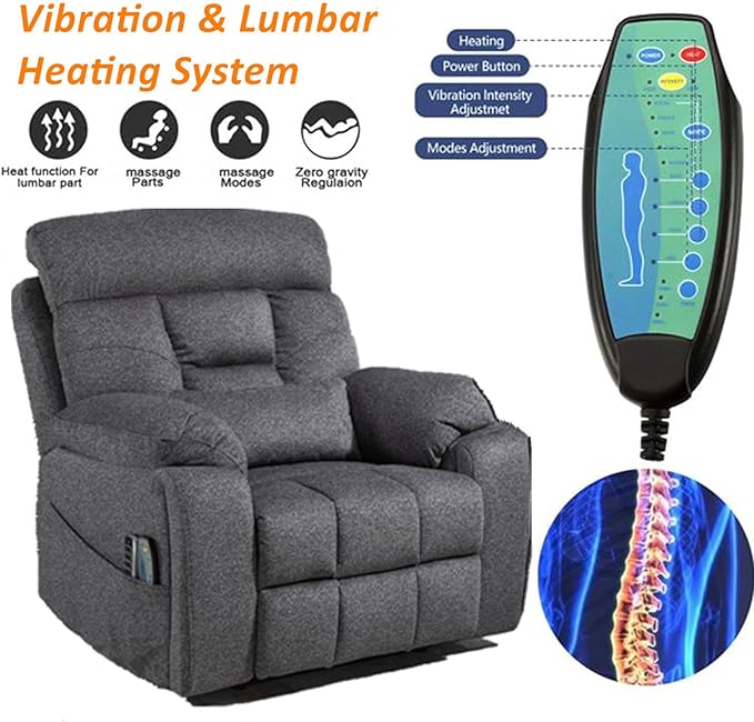 Lay Flat Power Lift Recliner Chair, | 400lbs | 25.5in Extra Wide | 4-Motor | Heat, Massage, Hidden Cup Holder, Sleeping | Big Man, Elderly (Light Grey)