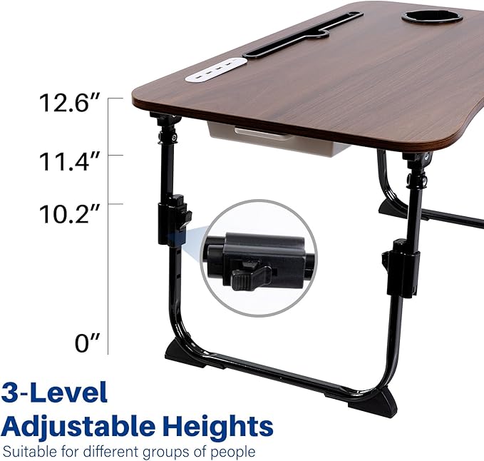 Laptop Desk for Bed, Height Adjustable Laptop Bed Table, Foldable Portable Lap Desk Stand with USB/Storage Drawer/Cup Holder/Slot, Breakfast Tray for Working Reading Writing Eating