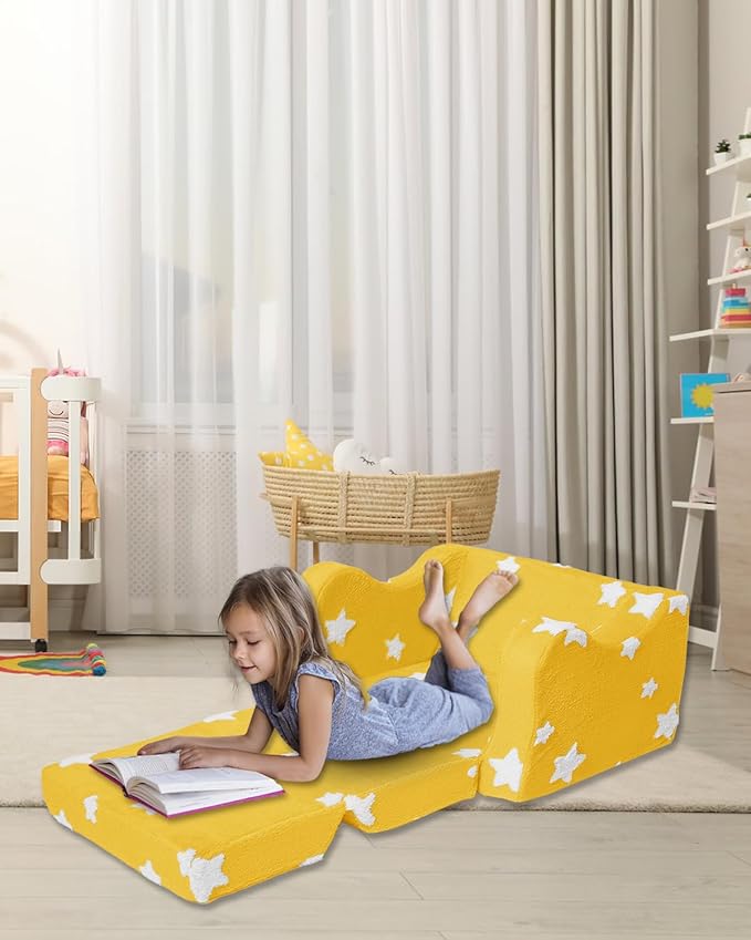 KokoSelene Toddler Couch, Kids Couch for Toddler Fold Out, 2-in-1 Convertible Kid Sofa to Lounger Bed for Girls and Boys, Ideal for Reading Sleeping Gaming Decor (Yellow)