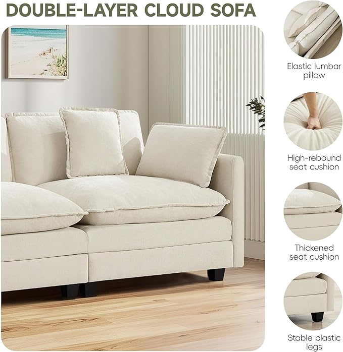 UMBFUN 3-Seater Cloud Couch, Oversized Modular Sectional Sofa with Deep Seat Soft Cushions, Comfy Chenille Couch for Living Room, Apartment & Family Space, Beige