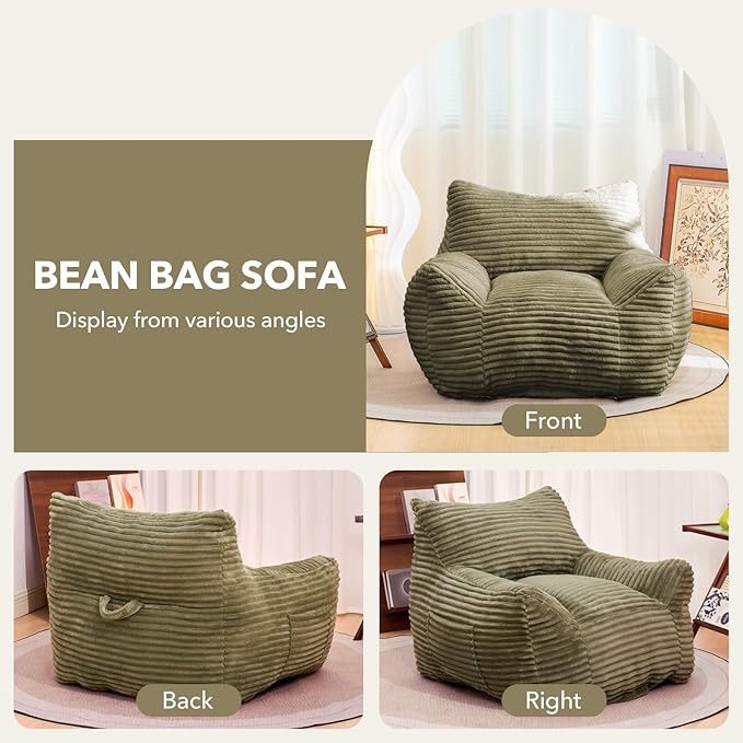 Giant Bean Bag Chair for Adults, Corduroy Upholstered Beanbag Chair with Side Pocket, Comfy Bean Bag Sofa with Portable Handle, Floor Sofa Chair for Bedroom (Green)