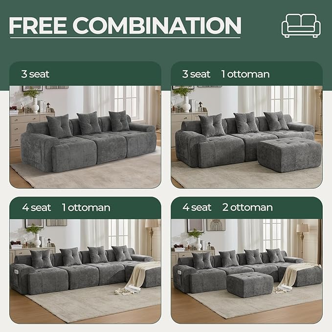 YAAREE 129.23”Modular Sectional Couch for Living Room, Modren L-Shape Cloud Sectional 4-Seater Sofa with 2 Movable Ottomans, Woven Texture Upholstery Boneless Couch, No Assembly, Grey