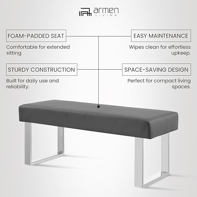 Armen Living Amanda Bench in Grey Faux Leather and Chrome Finish 48 x 19 x 18