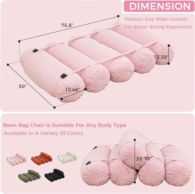 Ekskiei Bean Bag Sofa, Corduroy Sectional with Connecting Straps, Flexible Floor Seating, Soft Foam Filled Lounger, Non-Removable Cover, Reconfigurable Design,Living Room,Bedronm&Offices,Pink