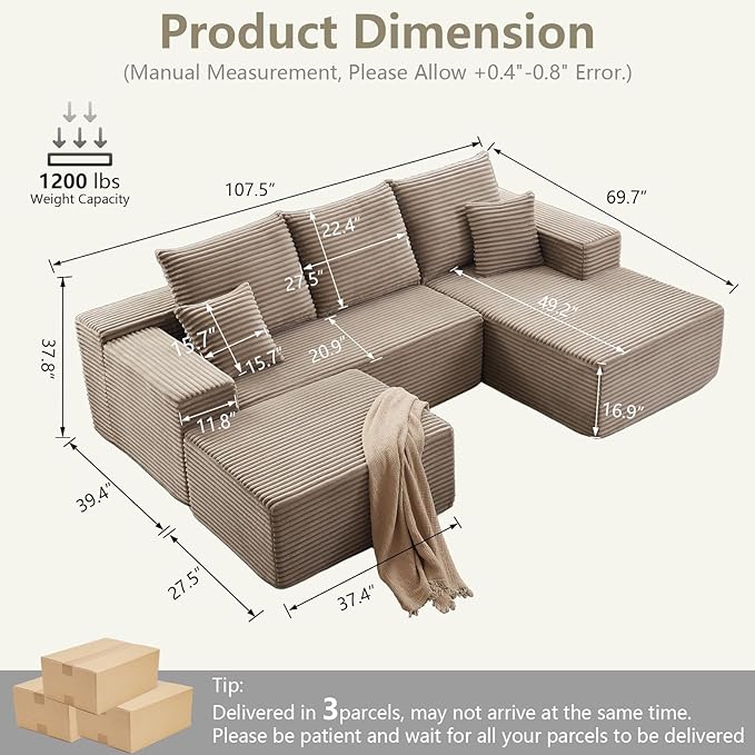 Lakifun 107" U-Shape Cloud Couch, Modern Modular Sectional Comfy L-Shape Sofa with Ottoman, Deep Seat, Upholstered Corduroy Sleeper Chaise Longue for Living Room Bedroom, No Assembly Required, Camel