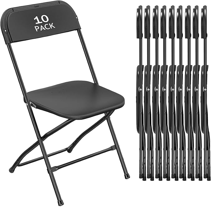 10 Pack Black Plastic Folding Chair, Indoor Outdoor Portable Stackable Commercial Seat with Steel Frame 350lb. Capacity for Events Office Wedding Party Picnic Kitchen Dining