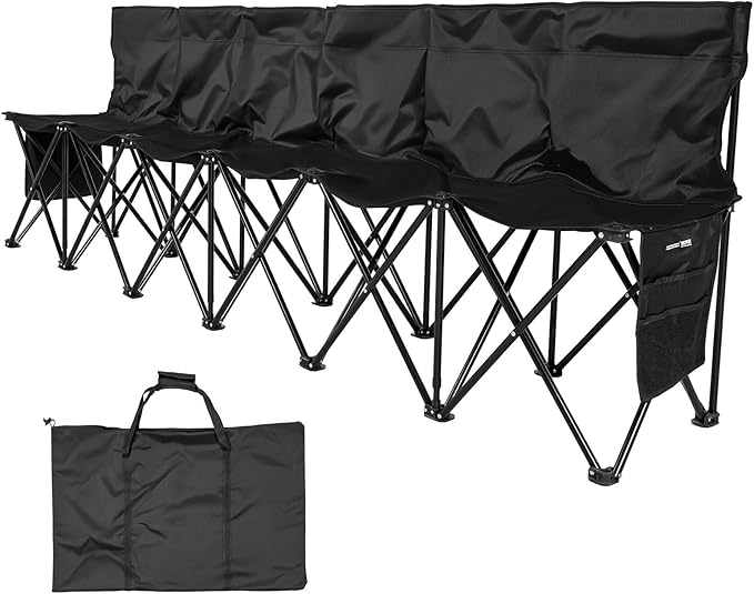 VEVOR Portable Folding Bench, 6 Seat Soccer Bench with Multiple Storage Pockets & Carrying Bag, Lightweight Sideline Seating with Back Rest for Football, Baseball, Camping, Outdoor Events, Black