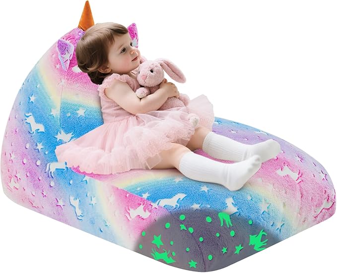 COMAX Unicorn Bean Bag Chairs for Kids 8-12, Kid Beanbag Chair with Filler, Big Toddler Lounge Bean Chair, Children Lazy Floor Lounger for Girls Boys, Glowing Rainbow