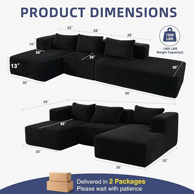 Favoduerme 117” Cloud Sectional Couch for Living Room, L-Shape Modular Convertible Sofa with Chaise, 4 Seater Boneless Couch for Apartment, Large Seat Sofa with Throw Pillow, No Assembly, Black