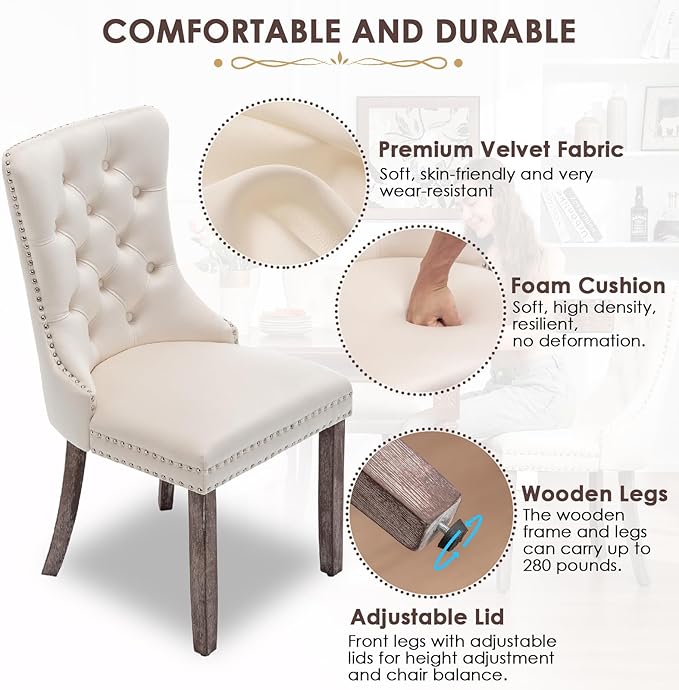 Kiztir Velvet Dining Chairs Set of 4, Upholstered Dining Room Chairs with Ring Pull Trim and Button Back, Luxury Tufted Dining Chair for Living Room, Bedroom, Kitchen (Beige)