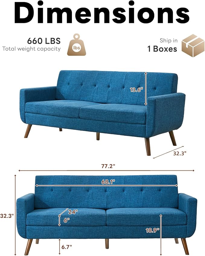 Tbfit 77.2" W Linen Sofa Couch, Mid Century Modern Decor Loveseat Couches for Living Room, Button Tufted Upholstered Small Couch for Bedroom, Solid, and Easy to Install Love Seats Furniture, Blue | linen fabric, button tufted, solid wood foot, pocket s...
