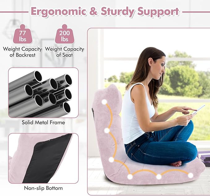 IFANNY Floor Chair with Back Support, Foldling Gaming Sofa Chair with Comfy Cushion, Adjustable 14-Position Meditation Chairs, Lazy Lounge Recliner Reading Seat for Adults, Kids (Light Pink)
