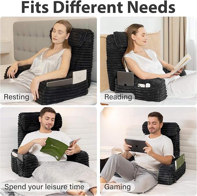 ENITYA 22" XL Ergonomic Bed Pillow for Sitting Up，Backrest Cushion for Reclining,Gaming,Resting,Watching TV,Recovery in Bed, Couch or Floor, Removable Cover, Black