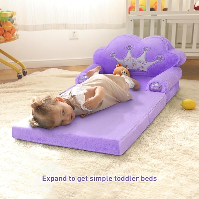 MOONBEEKI Toddler Chair Comfy，Foldable Princess Couch for Girl, Toddler Recliners for Kids Over 18 Months, Kids Furniture for Bedroom and Playroom, Purple