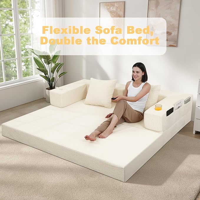 COMAX Futon Sofa Bed Queen, 79" Convertible Sofa Bed Couches for Living Room, 4 in 1 Folding Boneless Sleeper Corduroy Couch Loveseat Foam In a Box, Foldable Comfy Lounge Fold Out Floor Mattress Beige