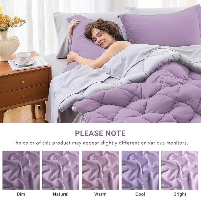 MUXHOMO 7 Pieces Full Comforter Set, Reversible Bed in a Bag Full Size, All Season Bedding Set with Comforter, Flat Sheet, Fitted Sheet, Pillowcases & Shams, Greyish Purple & Light Grey