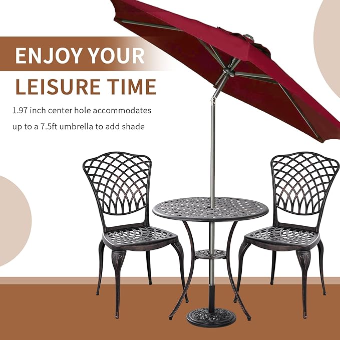 Withniture Bronze Patio Bistro Set - 3 Piece Outdoor Cast Aluminum Furniture, Large Table & Chairs, Weather Resistant, Adjustable Foot Pads, Umbrella Hole