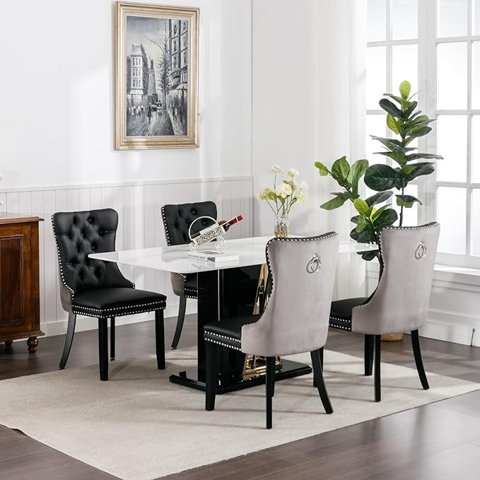 YeahFurn Modern Dining Chairs Set of 4, Tufted Upholstered Dining Room Chairs with Nailhead, PU Leather Front & Velvet Back, Solid Wood Legs, Kitchen Chairs, Sillas de Comedor (Black & Gray)