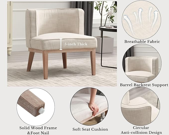Comfy Barrel Chair Mid-Century Modern Accent Chair with Solid Wood Leg Upholstered Reading Arm Chair Linen Fabric Waiting Room Round Side Chairs for Small Spaces Living Room Bedroom Office, Beige