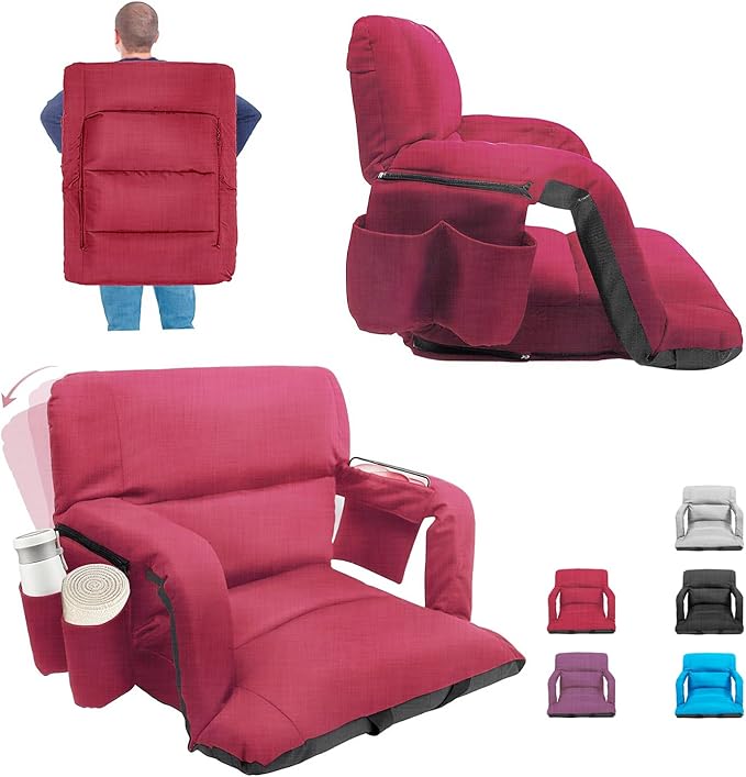 Stadium Seats with Back Support,Wide Stadium Chairs with Back and Cushion, Sofa Style Stadium Seats, 6 Reclining Positions, Extra Thick Bleacher Seat for Sports Events (Red-1 Pack, Wide|25")