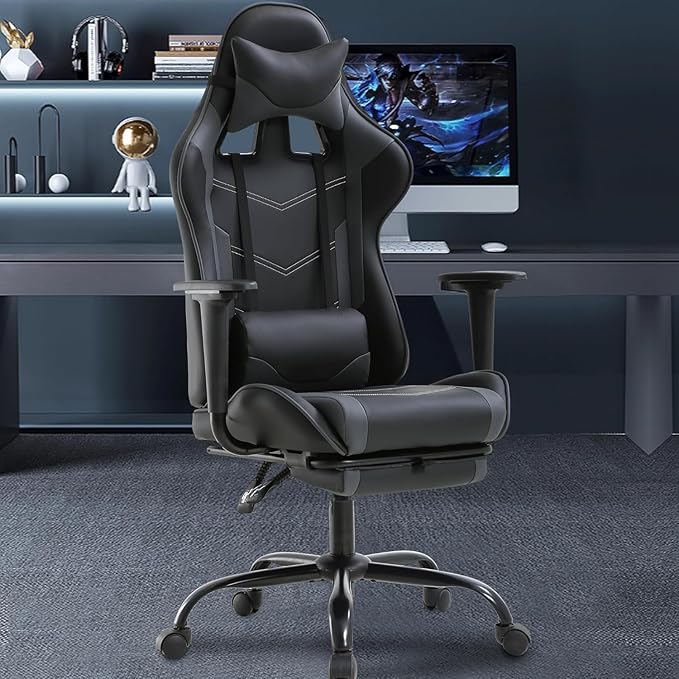 BestOffice | Ergonomic Gaming Chair | Grey | Reclining Computer Chair with Lumbar Support, Headrest Pillow, Adjustable Footrests | 360 Swivel with Heavy Duty Wheels | for Home & Office