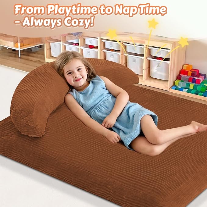 COMAX Bean Bag Chair for Kids, Convertible Toddler Beanbag Bed Corduroy, Children Bean Chair Stuffed to Floor Mattress with Filler, Orange