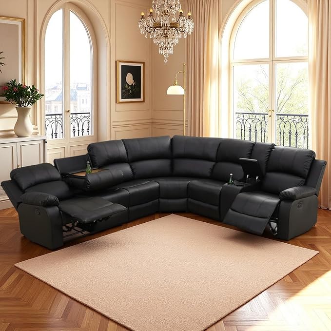 Manual Reclining Sofa Set with Drop-Down Table, Corduroy Sofa Sets, Living Room Furniture Sets, Modern Manual Recliner Sofa Sets with Storage Console for Living Room (Black, Sectional)