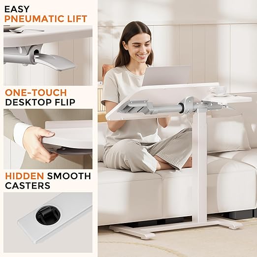GTRACING Overbed Bedside Table with Wheels,Tiltable Hospital Bed Table Over The Bed, Pneumatic Adjustable Rolling Laptop Desk, Mobile Standing Desk for Hospital and Home Use (White)