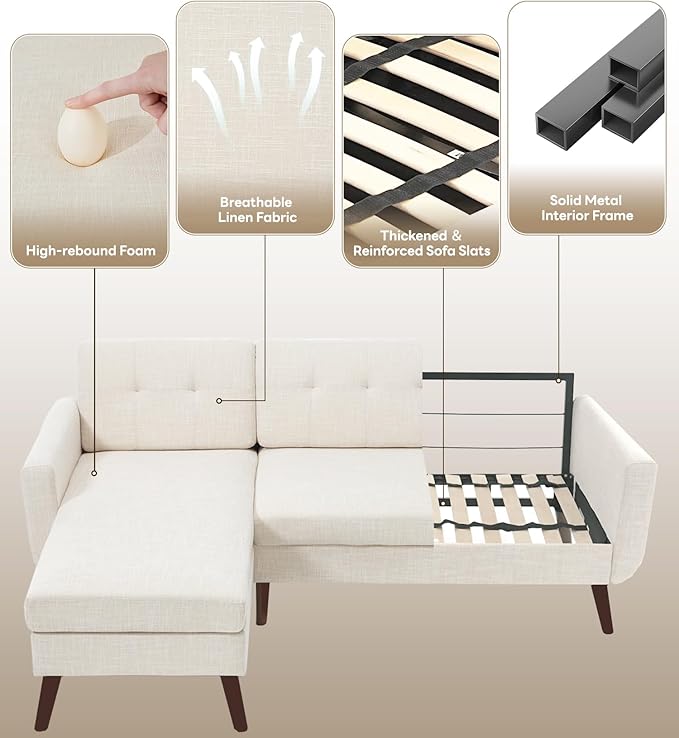 Tbfit L Shaped Couch Sofa, 80" W Mid-Century Modern Sectional Couches, 3 Seater Sofas with Wide Chaise Lounge, Button Tufted Upholstered Sectional Sofa for Living Room, Bedroom, Beige | linen fabric, button tufted, solid wood foot, pocket spring, wood ...
