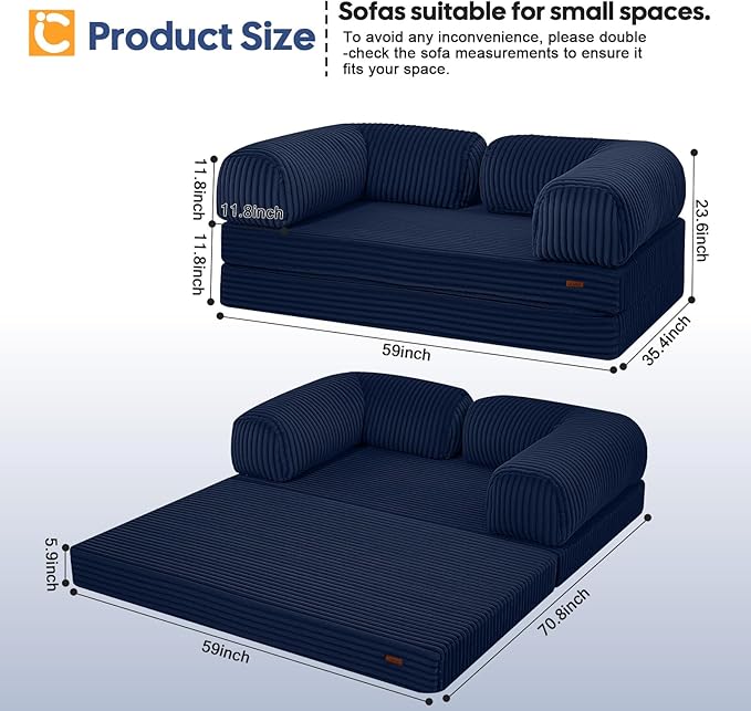 COMAX Futon Sofa Bed, 4-in-1 Floor Foldable Sofa Couch Bed Queen with L-Shaped Armrests, Convertible Folding Chair Bed Sleeper Mattress Fold Out Comfy Lounge for Living Room Bedroom, Faux Fur Navy